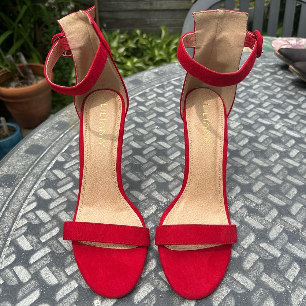 Liliana Red Open Toe Velvet Ankle Strap High Heel Sandal Pump Size 9 Stiletto - Picture 3 of 16